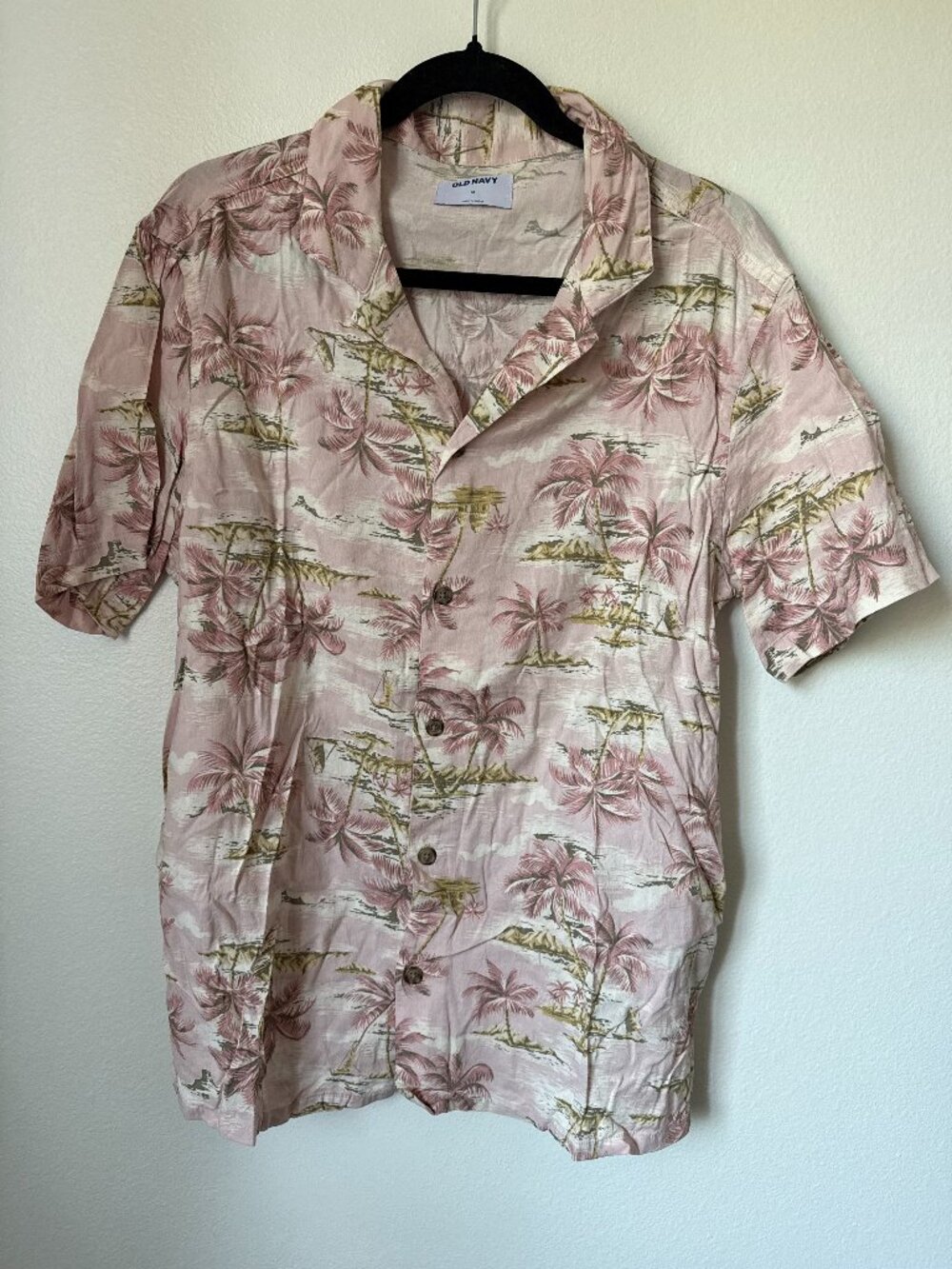 Old Navy Pink Tan Tropical Palm Tree Short Sleeve Camp Shirt M